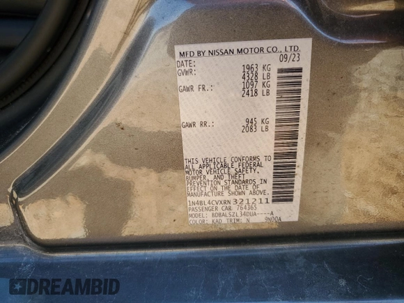 2024 Nissan Altima SR with VIN 1N4BL4CVXRN321211, listed as a Copart auction lot 56959535 with 33,510 mi miles and Salvage title. Bid and sale history available at DreamBid. Image 12.