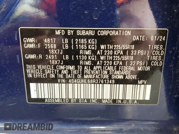 2024 Subaru Crosstrek Limited с VIN 4S4GUHL68R3761349, выставлен на аукционе Copart как лот 58332875 с пробегом 25 721 миль миль и Списание • Salvage title. История ставок и продаж доступна на DreamBid. Изображение 14.