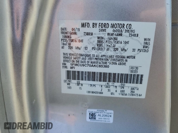 2010 Ford Escape XLS with VIN 1FMCU9C70AKC85380, listed as a Copart auction lot 52868005 with 302,211 mi miles and Clean title. Bid and sale history available at DreamBid. Image 12.