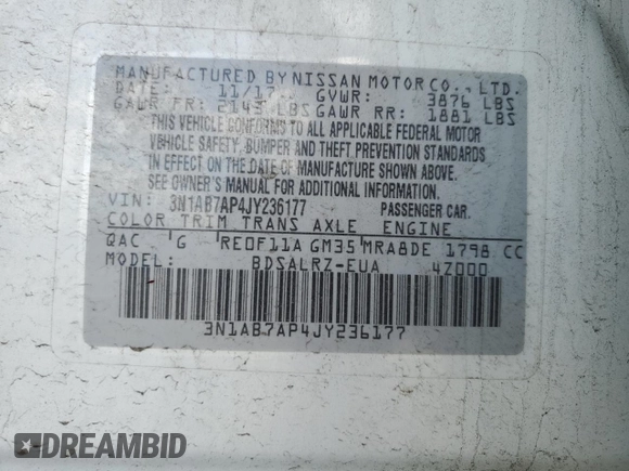 2018 Nissan Sentra SR with VIN 3N1AB7AP4JY236177, listed as a Copart auction lot 55606275 with 91,772 mi miles and Salvage Title. Bid and sale history available at DreamBid. Image 13.