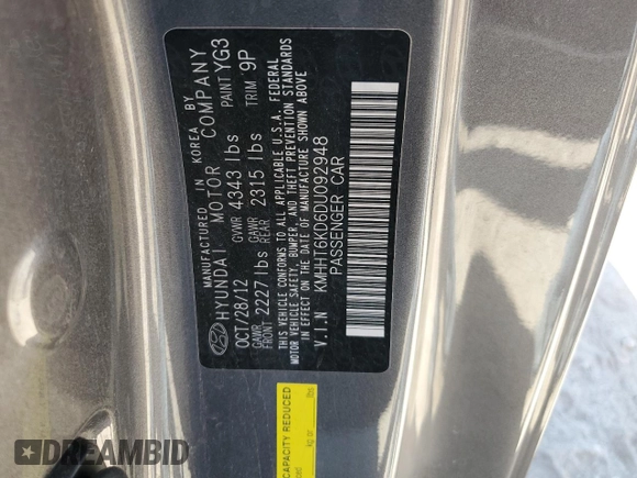 2013 Hyundai Genesis Coupe Premium z VIN KMHHT6KD6DU092948, wystawiony jako Copart lot #53018515 z przebiegiem Nie podano mil oraz Szkody całkowita. Historia ofert i sprzedaży dostępna na DreamBid. Obrazek 12.