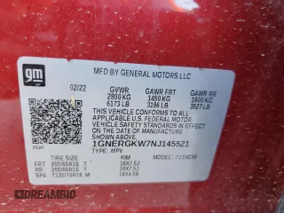 2022 Chevrolet Traverse LT Cloth with VIN 1GNERGKW7NJ145521, listed as a Copart auction lot 56383565 with 37,888 mi miles and Salvage title. Bid and sale history available at DreamBid. Image 13.