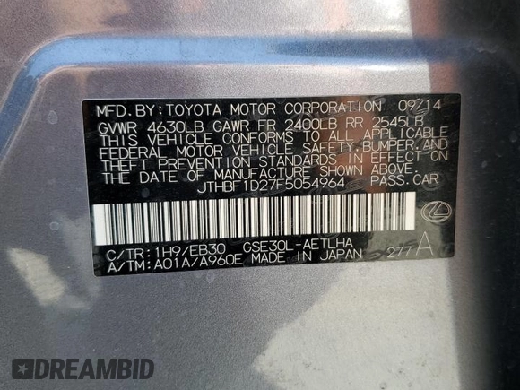 2015 Lexus IS 250 z VIN JTHBF1D27F5054964, wystawiony jako Copart lot #59935985 z przebiegiem 162 976 mil mil oraz Szkoda całkowita • Salvage title. Historia ofert i sprzedaży dostępna na DreamBid. Obrazek 12.