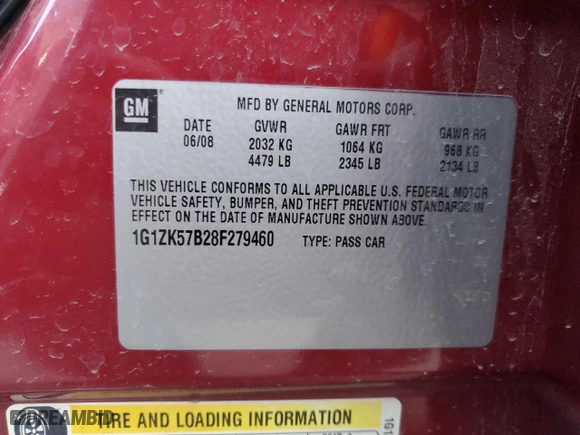 2008 Chevrolet Malibu LTZ with VIN 1G1ZK57B28F279460, listed as a Copart auction lot 86895964 with 125,429 mi miles and Salvage Title. Bid and sale history available at carsss.com. Image 12.