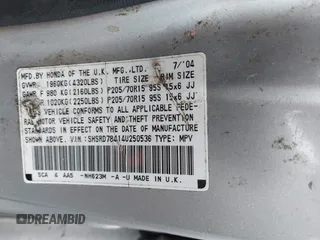 2004 Honda CR-V LX with VIN SHSRD78414U250536, listed as a IAAI auction lot 42179378 with 209,026 mi miles and . Bid and sale history available at DreamBid. Image 9.