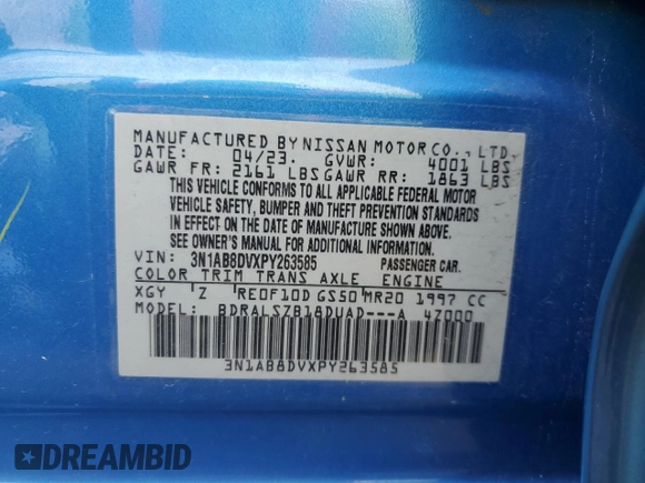 2023 Nissan Sentra SR with VIN 3N1AB8DVXPY263585, listed as a Copart auction lot 47265645 with 46,125 mi miles and Salvage Title. Bid and sale history available at DreamBid. Image 13.