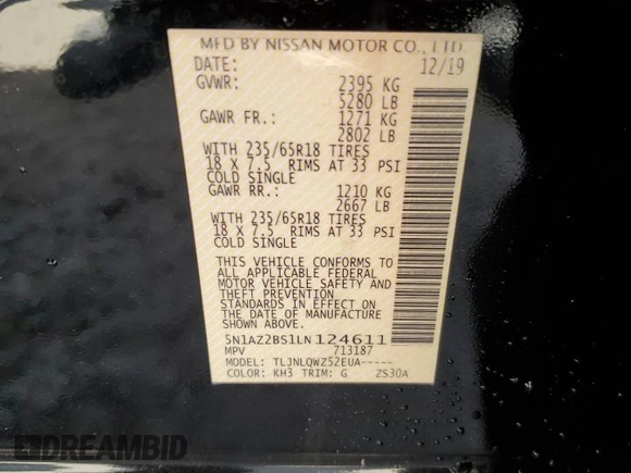 2020 Nissan Murano SV with VIN 5N1AZ2BS1LN124611, listed as a Copart auction lot 57388685 with 66,779 mi miles and Salvage title. Bid and sale history available at DreamBid. Image 13.