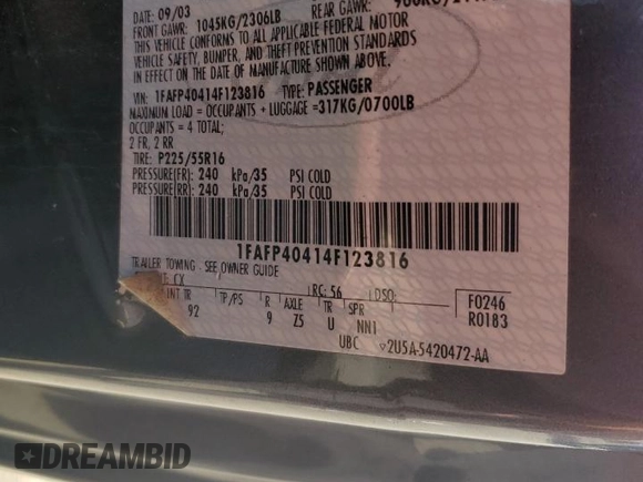2004 Ford Mustang Standard with VIN 1FAFP40414F123816, listed as a Copart auction lot 87056634 with 0 mi miles and Salvage Title. Bid and sale history available at carsss.com. Image 13.