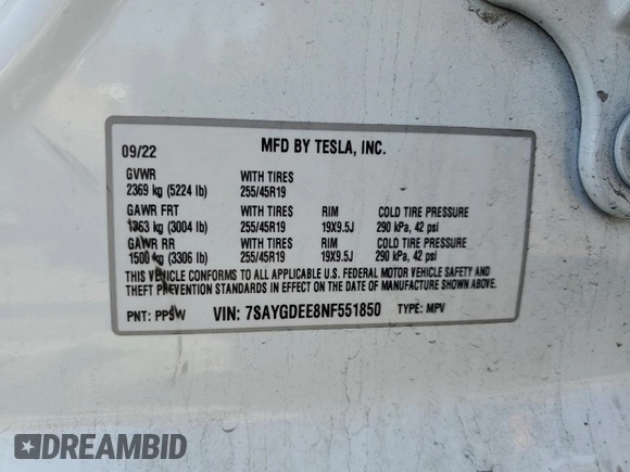 2022 Tesla Model Y Long Range with VIN 7SAYGDEE8NF551850, listed as a Copart auction lot 52747195 with 62,340 mi miles and Salvage Title. Bid and sale history available at carsss.com. Image 16.