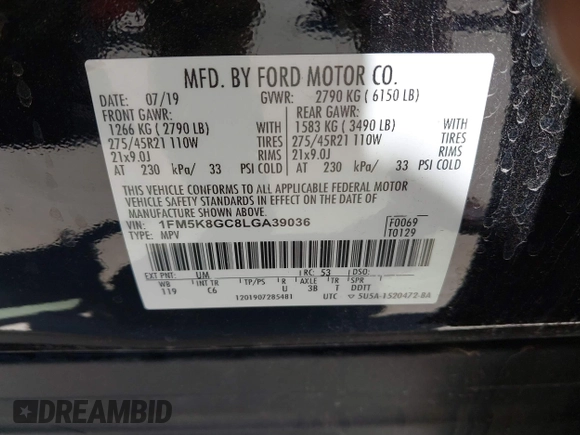 2020 Ford Explorer ST with VIN 1FM5K8GC8LGA39036, listed as a IAAI auction lot 41978033 with 93,348 mi miles and . Bid and sale history available at DreamBid. Image 9.