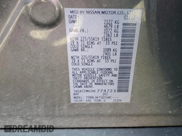2017 Nissan Rogue SL with VIN 5N1AT2MV2HC774723, listed as a Copart auction lot 48857545 with 205,035 mi miles and Salvage Title. Bid and sale history available at carsss.com. Image 14.