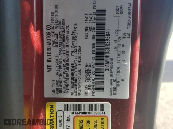 2017 Ford Fusion SE with VIN 3FA6P0HD3HR395841, listed as a Copart auction lot 48583325 with 109,296 mi miles and Salvage Title. Bid and sale history available at carsss.com. Image 12.