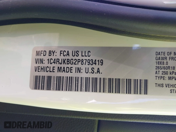 2023 Jeep Grand Cherokee Limited z VIN 1C4RJKBG2P8793419, wystawiony jako IAAI lot #42125191 z przebiegiem 64 510 mil mil oraz . Historia ofert i sprzedaży dostępna na DreamBid. Obrazek 9.