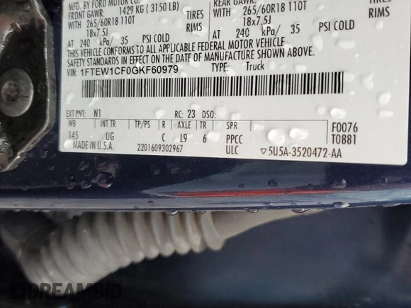 2016 Ford F-150 XL with VIN 1FTEW1CF0GKF60979, listed as a Copart auction lot 55254535 with 272,498 mi miles and Salvage title. Bid and sale history available at DreamBid. Image 12.