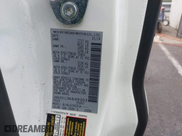2024 Nissan Frontier S with VIN 1N6ED1CL2RN649303, listed as a IAAI auction lot 40406760 with 17,276 mi miles and . Bid and sale history available at DreamBid. Image 9.