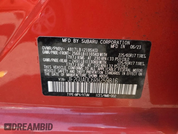 2024 Subaru Crosstrek Premium с VIN JF2GUADC6RH259816, выставлен на аукционе Copart как лот 60520485 с пробегом 21 403 миль миль и Списание • Salvage title. История ставок и продаж доступна на DreamBid. Изображение 13.