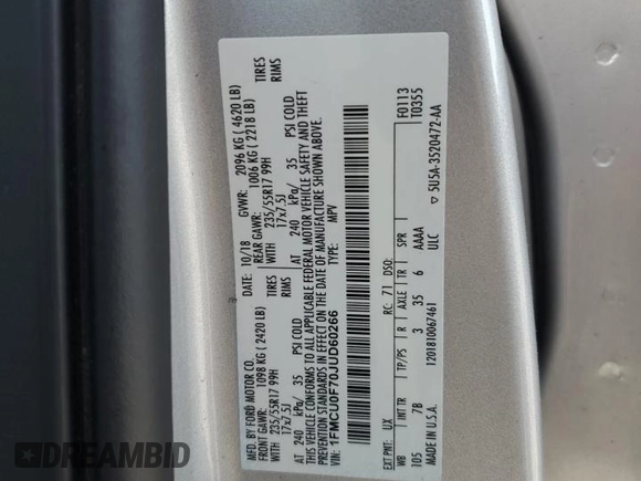 2018 Ford Escape S with VIN 1FMCU0F70JUD60266, listed as a Copart auction lot 61968765 with Not provided miles and Non repairable. Bid and sale history available at DreamBid. Image 13.