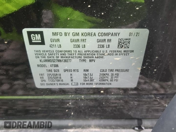 2021 Buick Encore GX Select with VIN KL4MMDS27MB138277, listed as a Copart auction lot 54452665 with 38,087 mi miles and Salvage title. Bid and sale history available at DreamBid. Image 12.