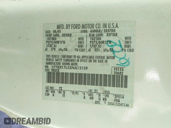 2002 Ford F-150 XL with VIN 1FTRX17L32NA13159, listed as a IAAI auction lot 41653814 with 435,395 mi miles. Bid and sale history available at carsss.com. Image 9.