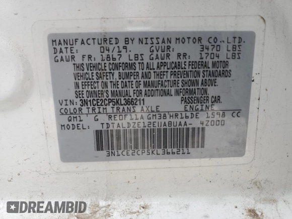 2019 Nissan Note SV with VIN 3N1CE2CP5KL366211, listed as a Copart auction lot 51860725 with 60,475 mi miles and Salvage title. Bid and sale history available at DreamBid. Image 14.