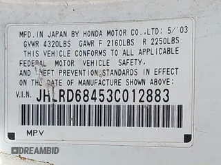 2003 Honda CR-V LX z VIN JHLRD68453C012883, wystawiony jako IAAI lot #42441031 z przebiegiem 159 939 mil mil oraz . Historia ofert i sprzedaży dostępna na DreamBid. Obrazek 9.