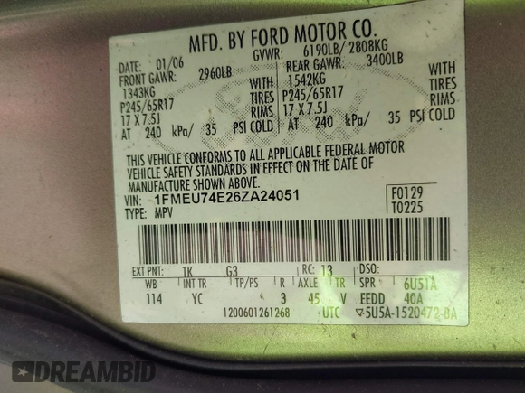 2006 Ford Explorer Eddie Bauer z VIN 1FMEU74E26ZA24051, wystawiony jako IAAI lot #42408717 z przebiegiem Nie podano mil oraz . Historia ofert i sprzedaży dostępna na DreamBid. Obrazek 9.