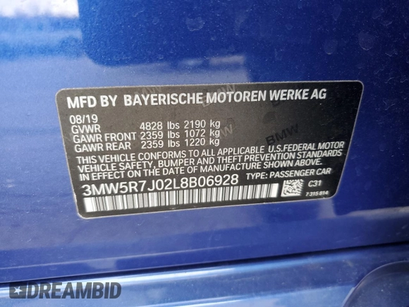 2020 BMW 3 Series 330i xDrive with VIN 3MW5R7J02L8B06928, listed as a Copart auction lot 48355035 with 42,278 mi miles and Salvage title. Bid and sale history available at DreamBid. Image 13.