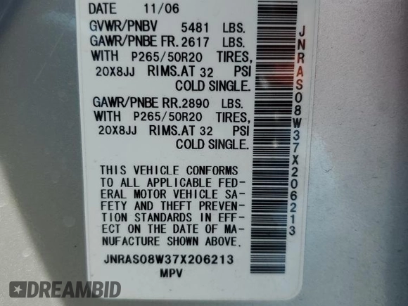 2007 Infiniti FX35 with VIN JNRAS08W37X206213, listed as a Copart auction lot 80970684 with 60,942 mi miles and Salvage Title. Bid and sale history available at carsss.com. Image 16.