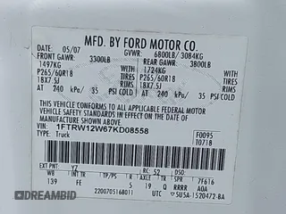 2007 Ford F-150 XLT with VIN 1FTRW12W67KD08558, listed as a IAAI auction lot 42542860 with 168,948 mi miles and . Bid and sale history available at DreamBid. Image 9.