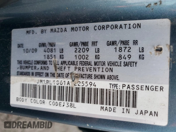 2010 Mazda 3 S Sport with VIN JM1BL1S61A1225594, listed as a Copart auction lot 82259844 with 162,262 mi miles and Salvage Title. Bid and sale history available at DreamBid. Image 12.