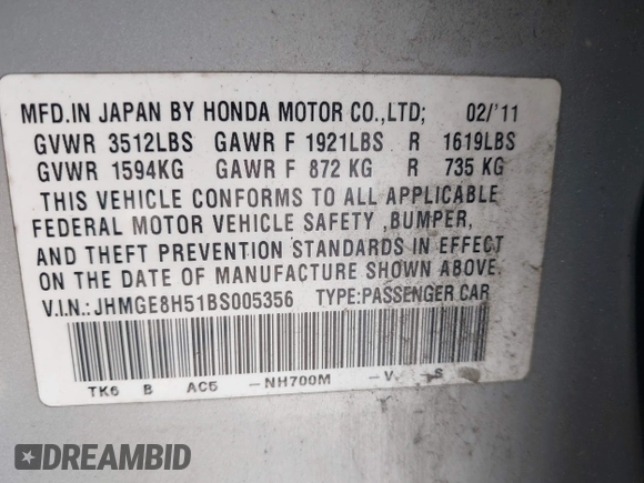 2011 Honda Fit Sport with VIN JHMGE8H51BS005356, listed as a IAAI auction lot 42279124 with 285,524 mi miles and . Bid and sale history available at DreamBid. Image 9.