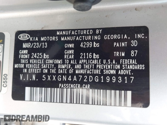 2013 Kia Optima EX with VIN 5XXGN4A72DG199317, listed as a IAAI auction lot 42517407 with 160,402 mi miles and . Bid and sale history available at DreamBid. Image 9.