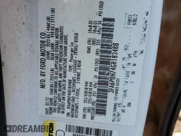 2016 Ford Fusion SE with VIN 3FA6P0H74GR183488, listed as a Copart auction lot 52702425 with 180,921 mi miles and Salvage title. Bid and sale history available at DreamBid. Image 14.