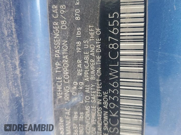1998 BMW 3 Series M 3.2L with VIN WBSCK9336WLC87655, listed as a Copart auction lot 54451895 with 115,036 mi miles and Non Repairable. Bid and sale history available at carsss.com. Image 12.