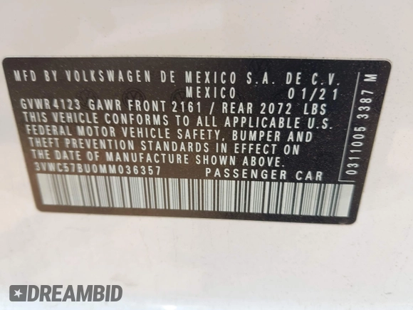 2021 Volkswagen Jetta S with VIN 3VWC57BU0MM036357, listed as a IAAI auction lot 42421734 with 31,324 mi miles and . Bid and sale history available at DreamBid. Image 9.