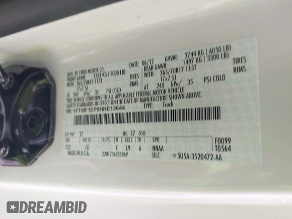 2017 Ford F-150 XL with VIN 1FTMF1EP9HKE13644, listed as a IAAI auction lot 41538146 with 70,575 mi miles and . Bid and sale history available at DreamBid. Image 9.
