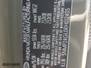 2024 Hyundai Santa Fe SEL with VIN 5NMP24GL0RH012405, listed as a Copart auction lot 66685704 with 3,106 mi miles and Salvage Title. Bid and sale history available at carsss.com. Image 13.