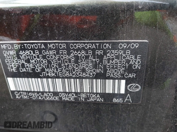 2010 Lexus ES 330 with VIN JTHBK1EG8A2348437, listed as a IAAI auction lot 42020386 with 232,156 mi miles and . Bid and sale history available at DreamBid. Image 9.