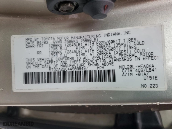 2004 Toyota Sienna XLE with VIN 5TDZA22C44S008497, listed as a Copart auction lot 45468995 with 176,366 mi miles and Salvage Title. Bid and sale history available at carsss.com. Image 13.