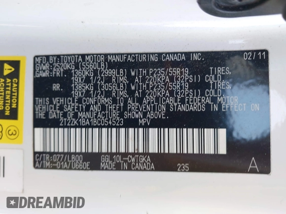 2011 Lexus RX 350 with VIN 2T2ZK1BA1BC054523, listed as a IAAI auction lot 41967694 with 130,329 mi miles. Bid and sale history available at carsss.com. Image 9.
