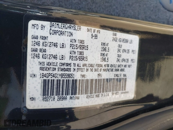 2000 Dodge Grand Caravan с VIN 1B4GP54G1YB559651, выставлен на аукционе IAAI как лот 40251476 с пробегом 145 034 миль миль и . История ставок и продаж доступна на DreamBid. Изображение 9.