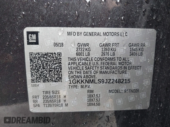 2018 GMC Acadia SLT with VIN 1GKKNMLS9JZ248215, listed as a IAAI auction lot 41586858 with 70,434 mi miles and . Bid and sale history available at carsss.com. Image 9.