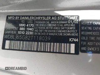 2002 Mercedes-Benz CLK 320/430 with VIN WDBLJ65G82T118039, listed as a IAAI auction lot 41929153 with 232,989 mi miles and . Bid and sale history available at DreamBid. Image 9.