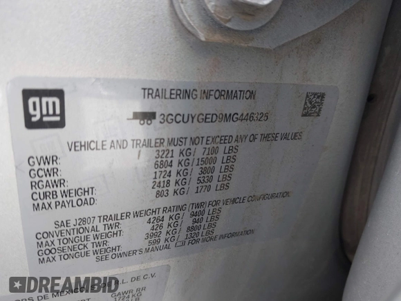 2021 Chevrolet Silverado 1500 LTZ with VIN 3GCUYGED9MG446325, listed as a IAAI auction lot 41926227 with 109,489 mi miles and . Bid and sale history available at DreamBid. Image 9.