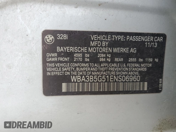 2014 BMW 3 Series 328i xDrive z VIN WBA3B5G51ENS06960, wystawiony jako Copart lot #53939415 z przebiegiem 138 720 mil mil oraz Nie do naprawy • Non repairable. Historia ofert i sprzedaży dostępna na DreamBid. Obrazek 12.