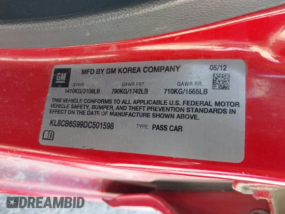2013 Chevrolet Spark LS with VIN KL8CB6S99DC501598, listed as a IAAI auction lot 41776616 with 206,229 mi miles. Bid and sale history available at carsss.com. Image 9.
