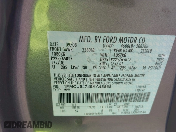 2009 Ford Escape Limited с VIN 1FMCU94749KA48868, выставлен на аукционе IAAI как лот 42753426 с пробегом Не указан миль и . История ставок и продаж доступна на DreamBid. Изображение 9.