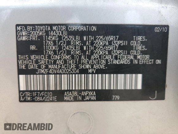 2010 Toyota RAV4 with VIN JTMZF4DV4AD025304, listed as a Copart auction lot 63291035 with 204,321 mi miles and Salvage title. Bid and sale history available at DreamBid. Image 13.