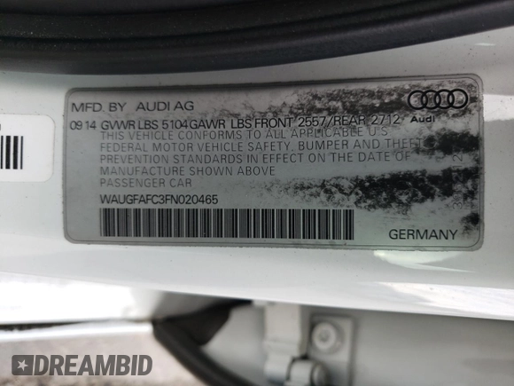 2015 Audi A6 2.0T Premium Plus with VIN WAUGFAFC3FN020465, listed as a Copart auction lot 69809132 with 148,383 mi miles. Bid and sale history available at carsss.com. Image 14.