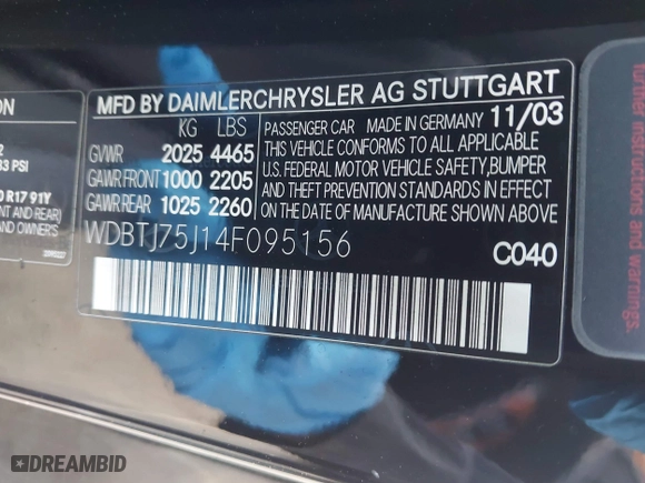 2004 Mercedes-Benz CLK-Class 5.0L with VIN WDBTJ75J14F095156, listed as a IAAI auction lot 41815605 with 176,902 mi miles. Bid and sale history available at carsss.com. Image 9.
